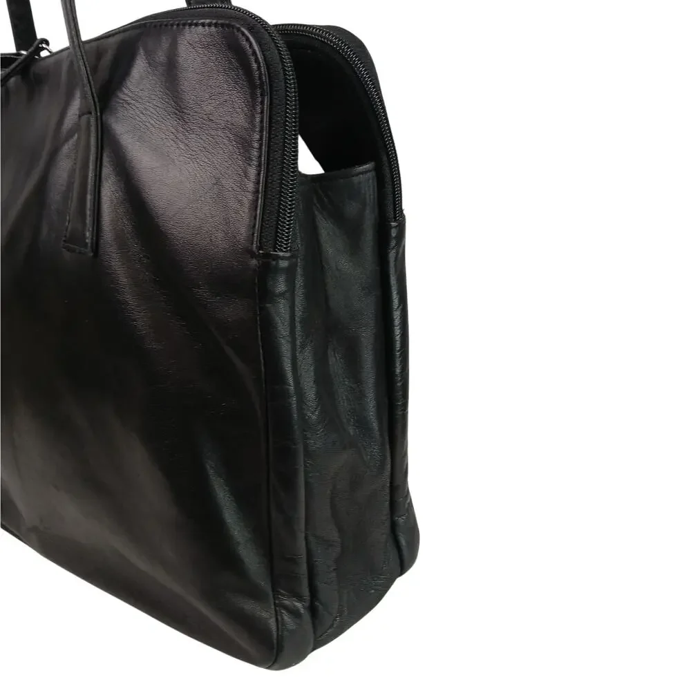 VTG Perlina Buttery Soft Black Leather Briefcase Shoulder Bag 3 Compartments